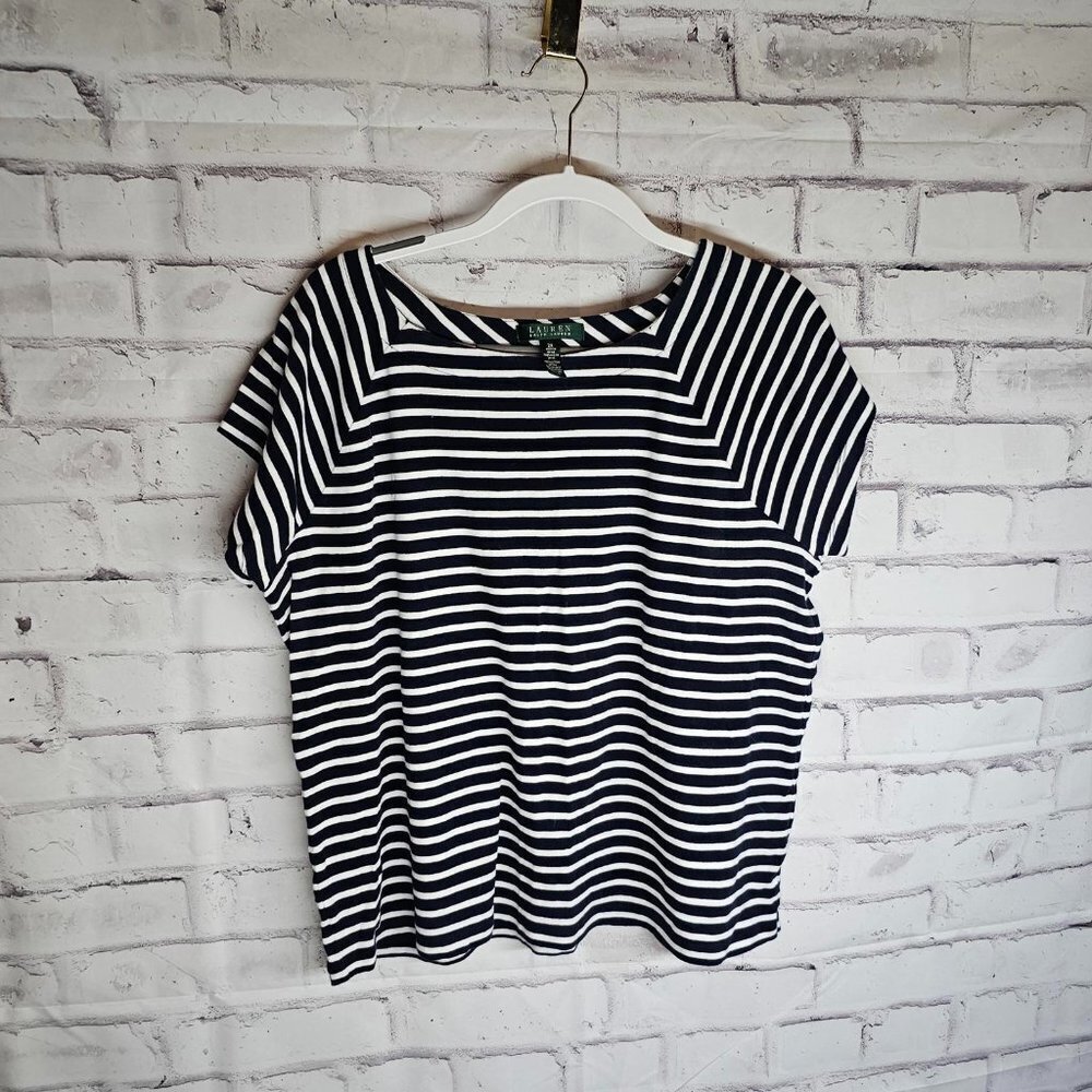 Lauren Navy and White Stripe Short Sleeve Cotton Shirt